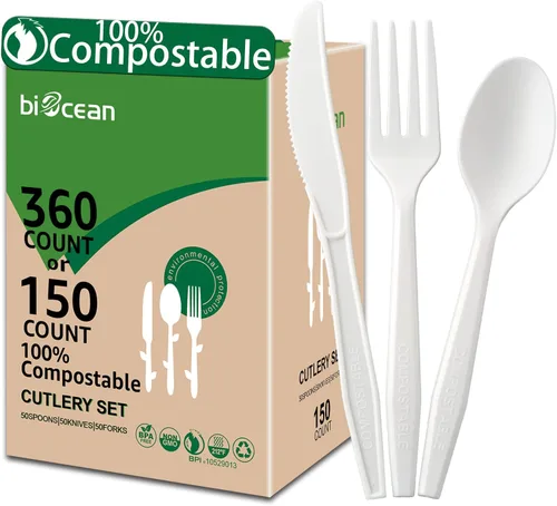 Miniatura 9 de Cuchillos 100% compostables, sin plástico, tenedores, cucharas, utensilios, los cubiertos pesados y resistentes son productos ecológicos