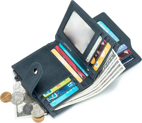 Miniatura 77 de LUKZIJAES Billetera de cuero genuino para hombre, con bloqueo RFID, delgada, plegable, bolsillo frontal, #3-Café, Vintage