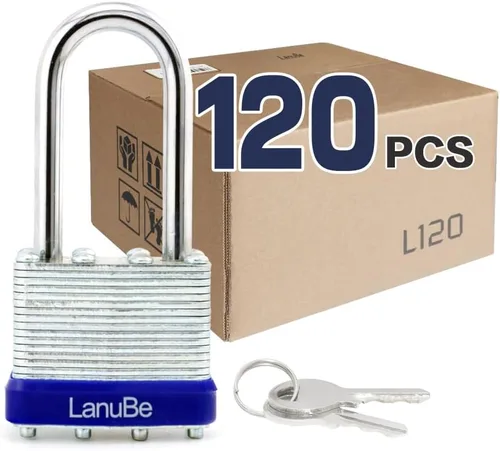 Miniatura 14 de LanuBe Candado laminado de 1-9/16 pulgadas (1.575 in) de largo grillete paquete de 2 llaves iguales, aro de plástico azul, cerraduras a granel