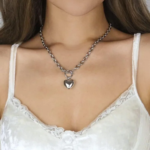 Miniatura 2 de Collar con dije de corazón de acero inoxidable plateado, gargantilla con dije de cadena de cable, joyería para mujeres y niñas