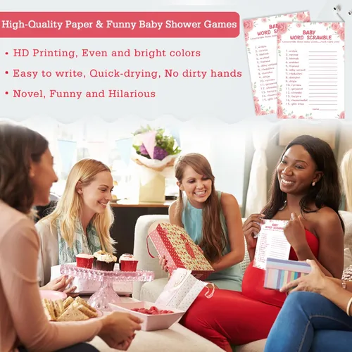 Miniatura 4 de OLOUTAB 50 Juegos de Baby Shower para Niña - Juego de Palabras con Tema Floral, Cartulina Gruesa, Divertido y Fácil de Jugar (Con Respuesta)