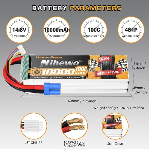Miniatura 3 de 4S Lipo Battery 14.8V 10000mAh 100C Batería RC EC5 Plug Soft Case para RC Car Truck Tanque Avión Drone Boat Racing Modelos (2 paquetes)