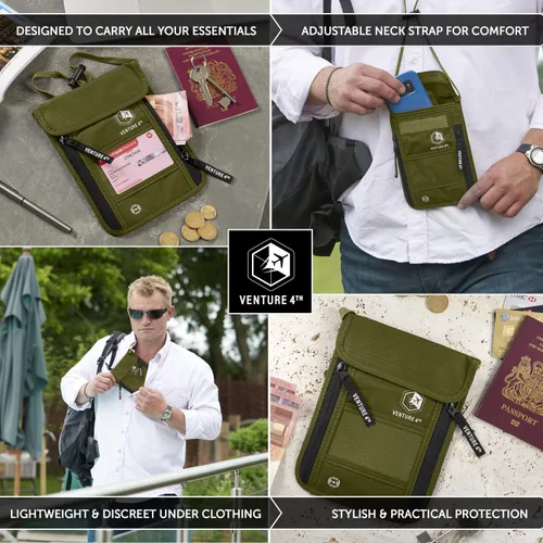 Miniatura 4 de Cartera de viaje para el cuello con bloqueo RFID, bolsa de cuello para pasaporte para hombres y mujeres para mantener los documentos seguros, Verde