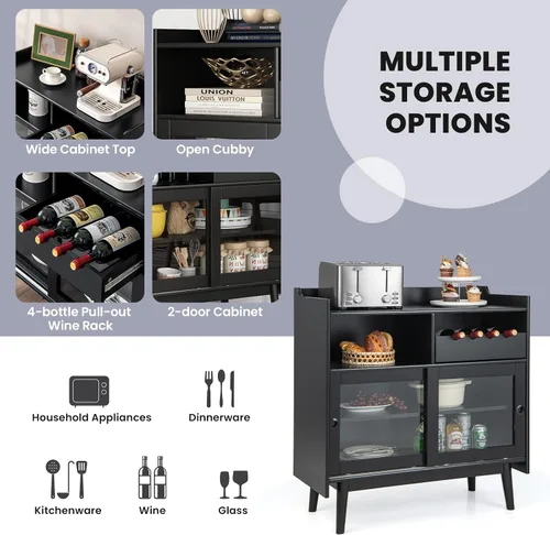 Miniatura 7 de Giantex Aparador de buffet, moderno armario de almacenamiento de barra de café con 2 puertas correderas de vidrio templado, estante para vino para 4