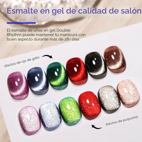 Miniatura 3 de Double Rhythm Juego de esmaltes de gel de ojo de gato, 6 colores, purpurina brillante con imán, holográfico, reflectante, magnético, UV, kit de arte