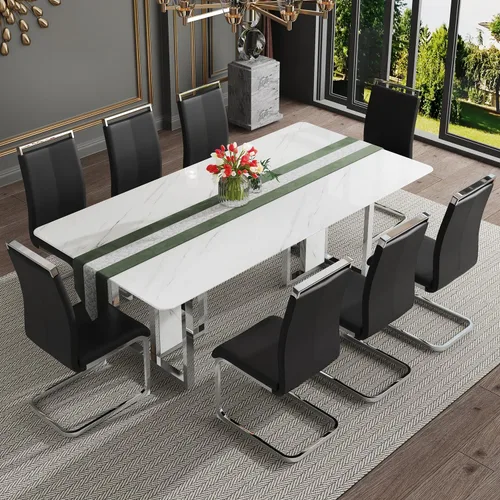 Miniatura 26 de Juego de mesa de comedor moderno de 67 pulgadas para 6, juego de mesa de cocina blanca, juego de mesa de comedor de lujo con mesa de mármol