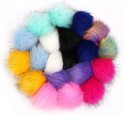 Miniatura 7 de 20 pompones de piel sintética coloridos, pompones de piel esponjosa de 4 pulgadas con lazo elástico para sombreros de punto, guantes, bolsas