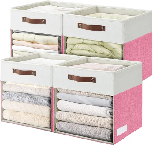 Miniatura 11 de Bagnizer Cubos de Almacenamiento, Paquete de 4 Contenedores de Almacenamiento Plegables de Lino (13 x 13 pulgadas) con Ventana Transparente y Asas