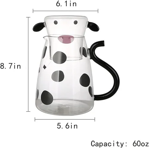 Miniatura 2 de Juego de jarra de cristal con dibujo de vaca para mesilla de noche con vaso, jarra y taza de noche