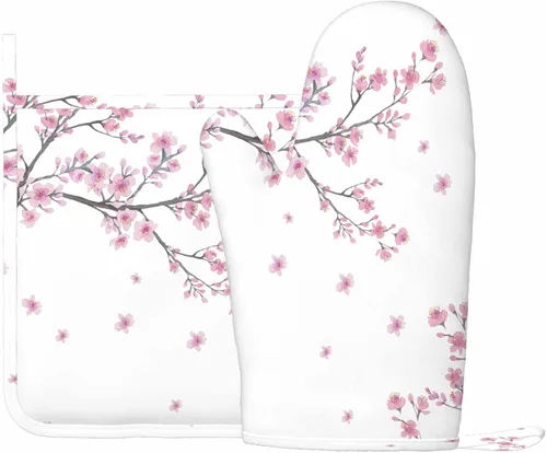 Miniatura 2 de Mxocom Cherry Blossom - Guantes de horno resistentes al calor y soporte para ollas, ramas de flores, para cocina, antideslizantes, para cocinar