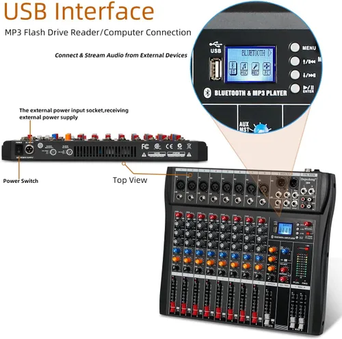 Miniatura 7 de Depusheng Mezclador de audio profesional de 8 canales, tablero de sonido DX8, interfaz de sistema de consola de mezcla de DJ, entrada USB MP3