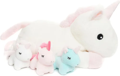 WEIGEDU Juguetes de unicornio para niñas de 1, 2, 3, 4, 5, 6, 7, 8 años, animal de peluche mamá con 3 bebés unicornios en su barriga, juego de