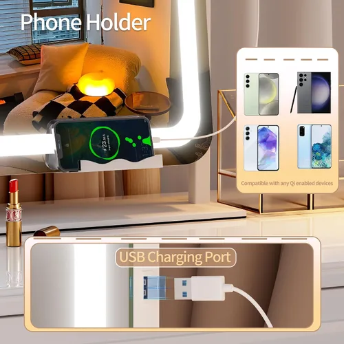 Miniatura 3 de Hasipu Espejo de tocador con luces y altavoz Bluetooth, espejo LED de maquillaje de 23.6 x 19.7 pulgadas, espejo iluminado con aumento de 10X