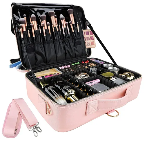 Miniatura 9 de Gzcz Estuche de viaje para maquillaje, profesional, 16 pulgadas, gran capacidad, organizador de brochas, portátil, para artistas, divisores Negro