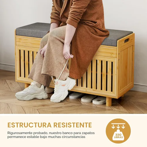 Miniatura 8 de Banco de almacenamiento de zapatos, banco de entrada de bambú con 2 puertas y cojín de asiento acolchado, 35.4" An x 12.6" Pr x 19.7" Al, zapatero