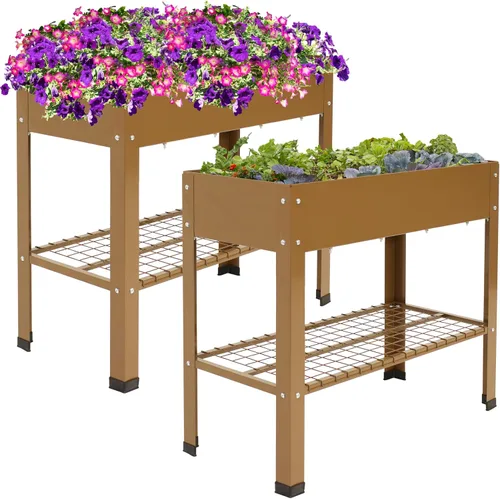 Sunnydaze Cama de jardín elevada de acero galvanizado, juego de 2 jardineras elevadas, uso individual o conectado, cuenta con estante de Marrón