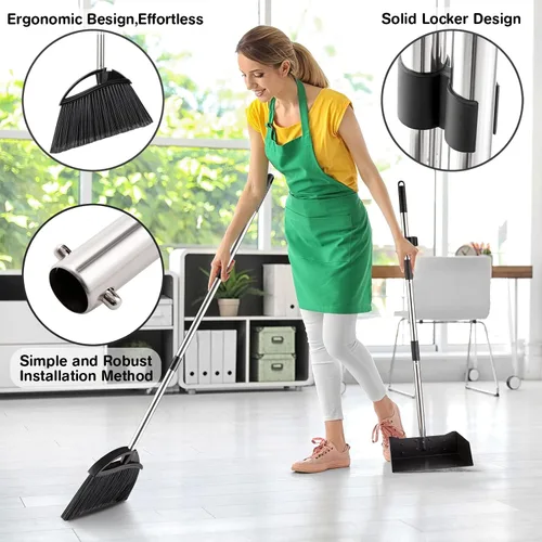 Miniatura 3 de Yangbaga Juego de recogedor y escoba de mango largo para el hogar, recogedores y escobas de metal resistente, diseño de pie vertical, escoba