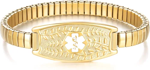 Miniatura 15 de Pulsera de Alerta Médica Elástica Oliva Divoti – Etiqueta de ID de Acero Inoxidable Grabada Personalizada – Hipoalergénica, Sin Cierre
