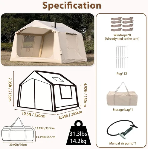 Miniatura 7 de Inflatable Camping Tent with Hand Pump Waterproof Outdoor Blow up Tent 2-8 Person Oxford 4 Season Glamping Air Tent Cabin House with Mesh Windows &
