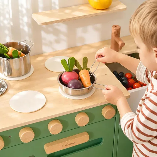 Miniatura 7 de Cocina de madera para niños con lavadora 2 en 1 Montessori Juego de juego de simulación con fregadero y horno, regalo para niños y niñas a partir