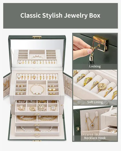 Miniatura 35 de Vlando Joyero de piel sintética, organizador mediano de joyería, regalo vintage para mujer, patrón de cruz rosa