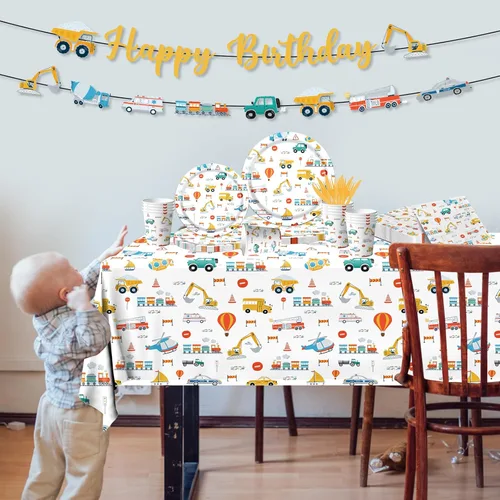 Miniatura 6 de Suministros de fiesta de cumpleaños de transporte, juego de 142 piezas de platos y servilletas de papel de transporte para decoraciones de mesa