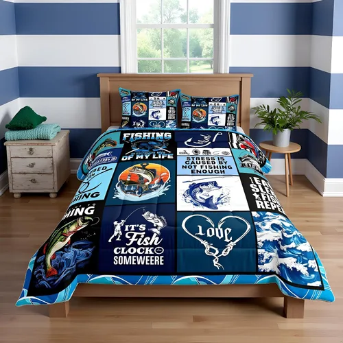 Miniatura 3 de Manfei Go Fishing Juego de edredón tamaño King para niños, juego de ropa de cama con diseño geométrico de peces de bass y rombos, decoración