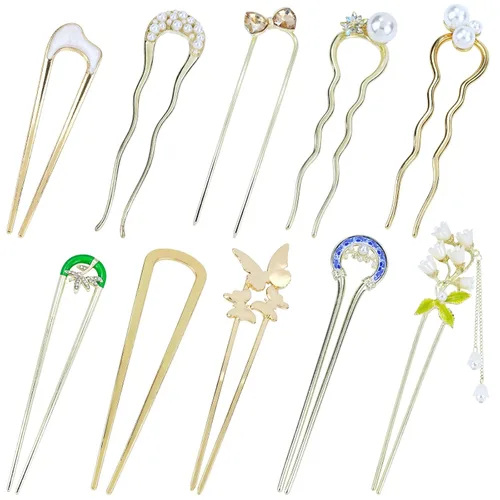 Miniatura 11 de Lawie Paquete de 10 horquillas de metal dorado en forma de U, con forma de mariposa, palillos curvados para palos de pelo con colgantes, horquillas