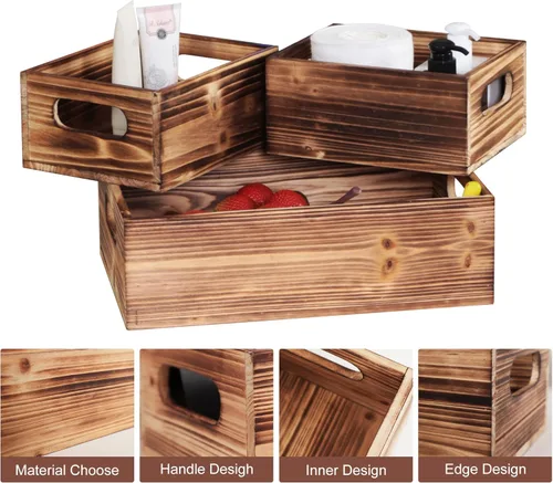 Miniatura 5 de PHOENANCEE Juego de 3 cajas de madera apilables decorativas de madera para exhibición de almacenamiento, cesta rústica para decoración del hogar