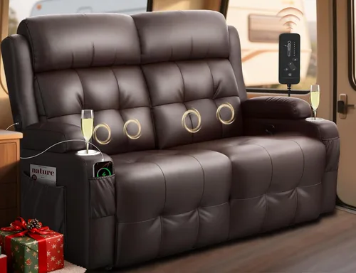 Miniatura 10 de Sofá Reclinable Loveseat para RV, Sofá Reclinable de Masaje de 3 Asientos Abrazador de Pared con USB, Bolsillos Integrados, Portavasos, Sofás Cama