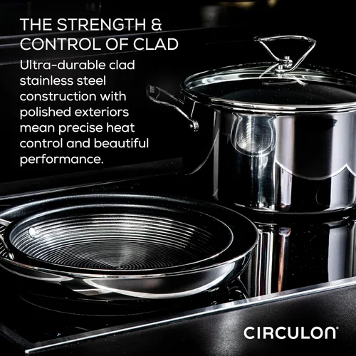 Miniatura 4 de Circulon Clad - Juego de utensilios de cocina, ollas y sartenes de acero inoxidable con tecnología híbrida SteelShield y antiadherente, 11 piezas