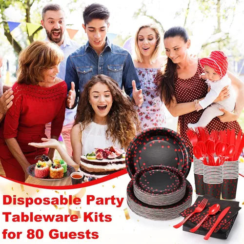 Miniatura 5 de Sieral 560 piezas de suministros de fiesta negros y rojos para 80 invitados, juego de vajilla desechable con platos de papel negro y rojo
