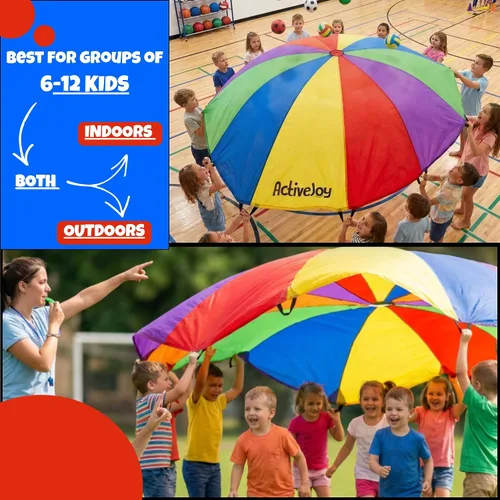 Miniatura 7 de Activejoy - Paracaídas para niños - 8 pies/12 pies/20 pies / 24 pies - Juguete de paracaídas arcoíris con asas - Ideal para clases de gimnasio, día