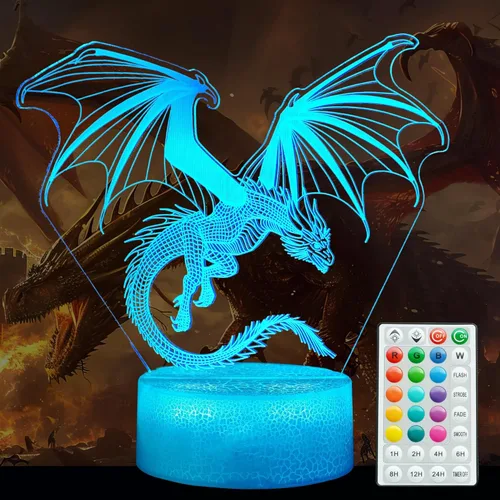 Luz nocturna de dragón, regalos de dragón, lámpara de ilusión 3D con 16 colores cambiantes, temporizador, 4 modos de flash y regulable, decoración