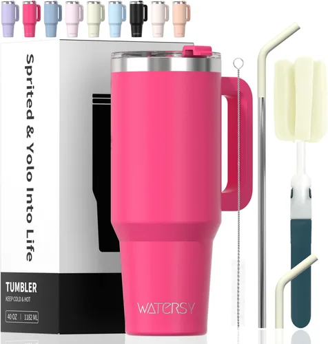 Miniatura 26 de Vaso de 20 oz con asa, vaso con tapa y pajita, vaso de doble pared con aislamiento de acero inoxidable para viajes (frío durante 34 horas), botella