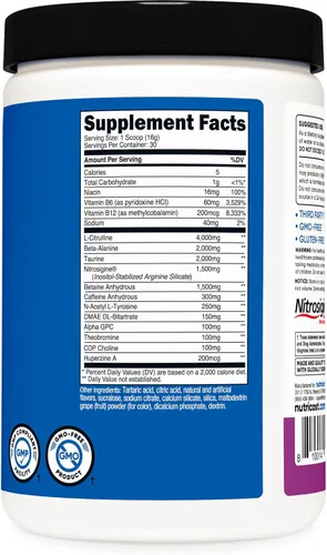 Miniatura 5 de Nutricost Pre-X, Complejo de polvo para pre-entrenamiento extremo, uva, 30 porciones, vegetariano, sin OMG y sin gluten