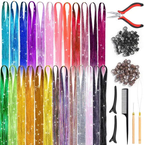 Kit de oropel para el cabello (48 pulgadas, 25 colores, 5000 hebras), extensiones de cabello de oropel brillante con cuentas de oropel, kit de