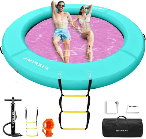 Miniatura 7 de Hamaca de agua inflable Muelle flotante, anillo flotante redondo hamaca flotante inflable para lago, barco, piscina, océano, rosa/verde menta