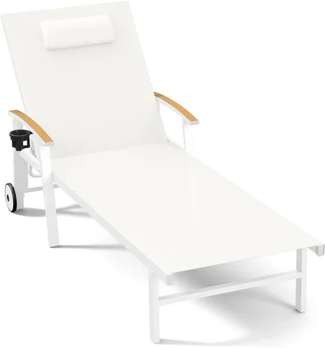 Miniatura 43 de Ciokea Sillón para exteriores con almohada, tumbona de aluminio de 5 posiciones con ruedas y reposabrazos, silla de piscina resistente de 400 libras
