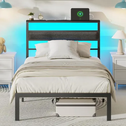 Miniatura 12 de OURPIC Estructura de cama de tamaño completo con cabecero, estructura de cama tamaño completo con luz LED y estación de carga, base de cama de Negro