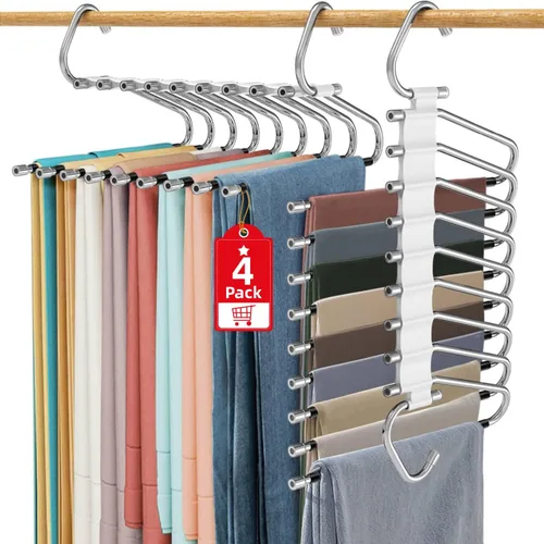 Miniatura 8 de Perchas para pantalones de 9 niveles que ahorran espacio, paquete de 2 organizadores multifuncionales de acero inoxidable para armario para Blanco