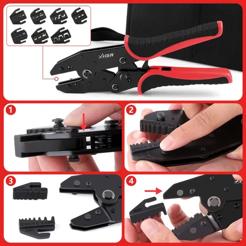 Miniatura 5 de Zhushan Juego de herramientas de prensado de alambre de 8 piezas, kit de crimpadora de trinquete con troqueles intercambiables para conectores