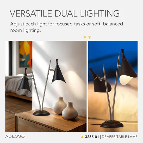 Miniatura 3 de Adesso 3235-01 Draper Lámpara de escritorio, 22 in., 2 x 60W incandescente/2 x 13W CFL, acero cepillado/pintado negro con acento de madera, 1