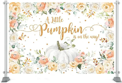 Miniatura 4 de Mocsicka Telón de fondo de calabaza otoñal para baby shower, decoración de fiesta de otoño con texto en inglés "A Little Pumpkin is on The Way