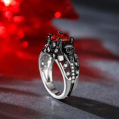 Miniatura 7 de Jeulia Juego de anillos de compromiso de calavera de 2.55 quilates, plata de ley, corte de corazón, diamantes rojos, anillos de rubí, circonita