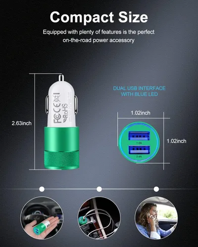 Miniatura 4 de Cargador de teléfono de coche de doble puerto, [2 unidades] Cargador USB de carga rápida de 3.4 A, adaptador de encendedor Carro, adaptador de Verde