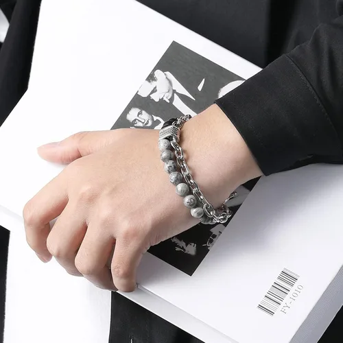Miniatura 4 de Pulsera de obsidiana para hombre, pulsera de cuentas negras, pulseras de cadena plateada, pulseras punk, regalo de joyería