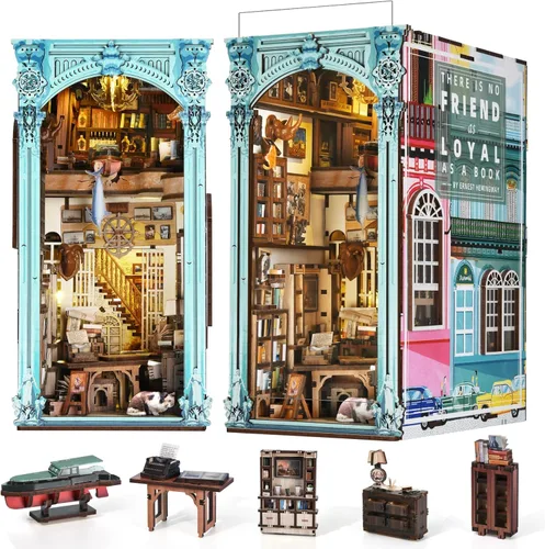 Miniatura 20 de MiniCity - Kit de manualidades para rincón de lectura, estantería de libros, inserto de estantería de madera, rompecabezas 3D, sujetalibros con luz