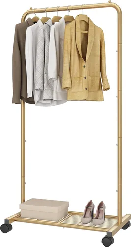 Miniatura 2 de Simple Trending - Perchero estándar para ropa con ruedas y estante de almacenamiento de malla en color amarillo dorado