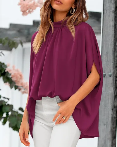 Miniatura 101 de BTFBM Blusas de verano para mujer, cuello alto falso, manga murciélago, holgadas, dobladillo alto y bajo, blusas informales de gran